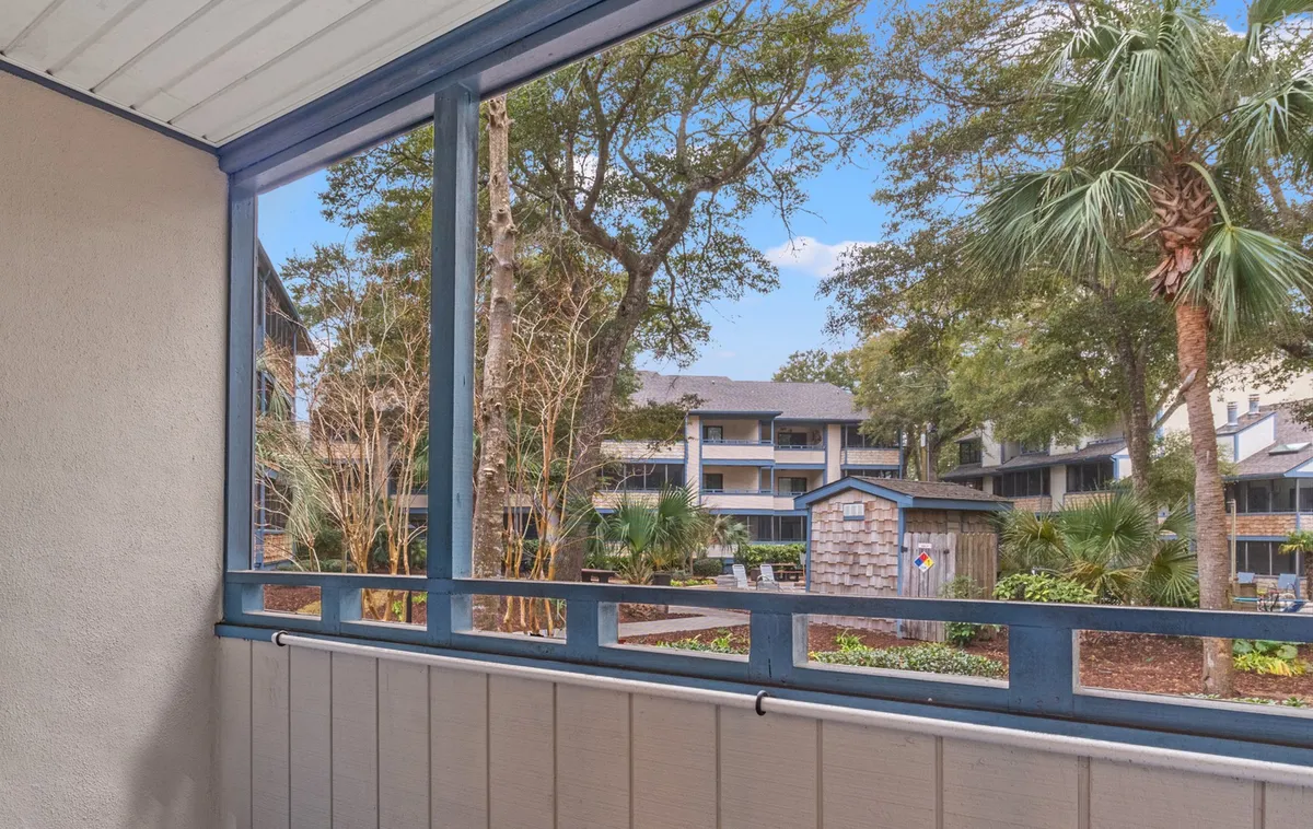 A tranquil exterior courtyard framed by palm trees and a blue-accented building, with a wooden shed and lush landscaping creating a peaceful environment ideal for outdoor relaxation, morning coffee, or social gatherings.