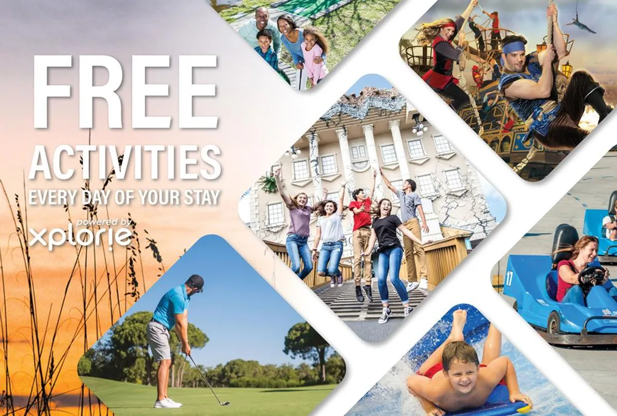A dynamic scene with families and groups participating in various activities, such as golfing, water rides, and amusement park fun. The mood is energetic and joyful, capturing the spirit of memorable group experiences and laughter-filled days.